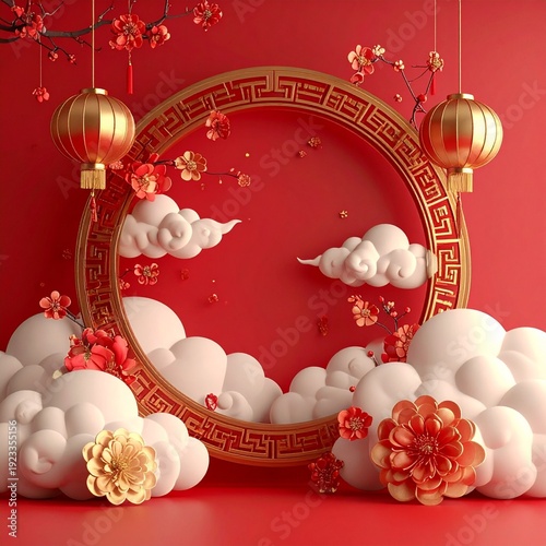 Festive Chinese New Year Decoration with Lanterns and Clouds on Red Background.