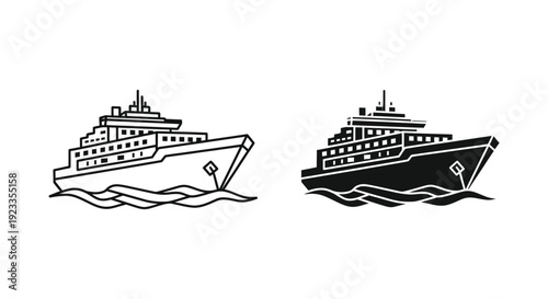 Minimalist cruise ship and ocean liner icons in outline and silhouette styles for travel branding and maritime tourism design