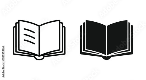 Minimalist open book icons in outline and solid silhouette styles for educational apps, library interfaces, and digital reading platforms