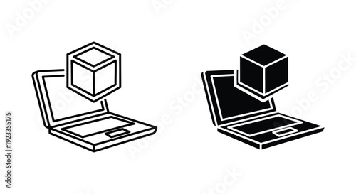 Minimalist laptop computer icons with floating 3D cube representing digital design, software development, and virtual reality technology in outline and solid styles