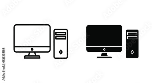 Minimalist desktop computer and CPU tower icons in outline and solid styles for technology and office workstation design