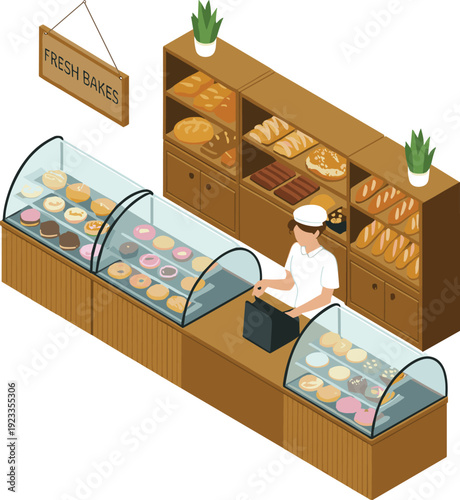Isometric bakery shop interior with pastry display counter, fresh bread shelves, female baker cashier, dessert showcase vector illustration