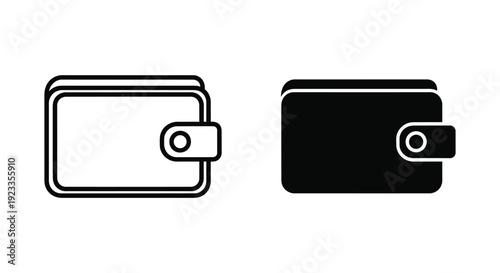 Minimalist wallet icon set featuring outline and solid black styles for financial apps, digital payment systems, and personal budget management.
