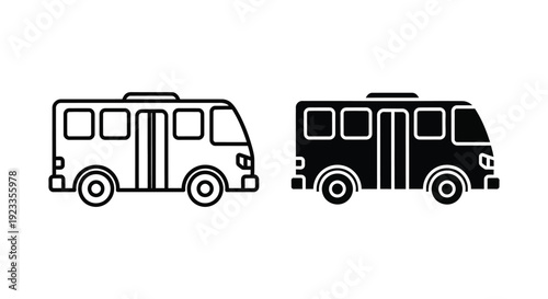Set of minimalist bus icons in outline and solid silhouette styles for public transportation, urban transit, and travel navigation interface design