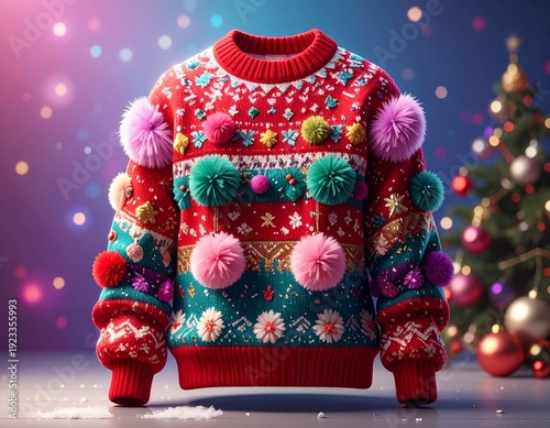 Festive Christmas Sweater with Colorful Pom-Poms and Holiday Decorations.