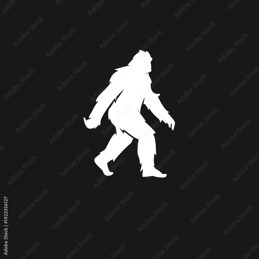 Fototapeta premium White Bigfoot Sasquatch Walking Silhouette on Black Background