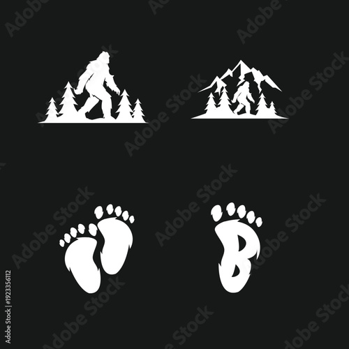 Bigfoot and Sasquatch Graphic Collection with Forest, Mountains, Footprints, and Letter B Designs