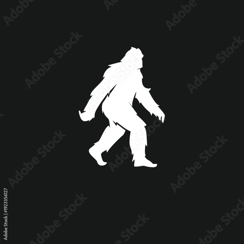 White Bigfoot Sasquatch Walking Silhouette on Black Background