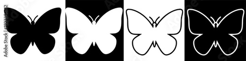 Three different butterfly graphics on black background, varying in style from solid white to outlined, creating visual contrast and diversity in a simple composition buttterfly