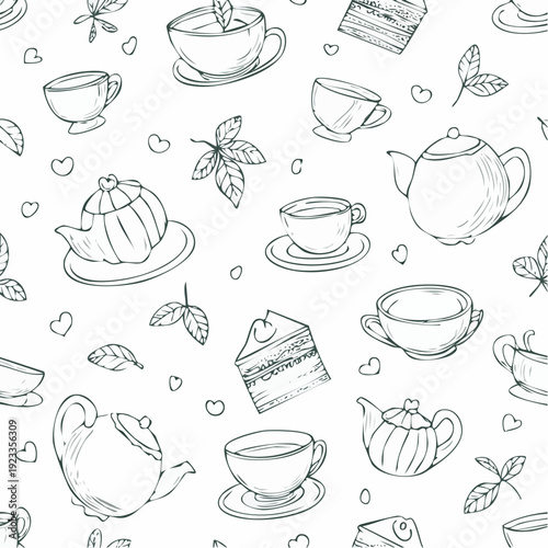 Hand Drawn Tea Time Seamless Pattern with Cups and Teapots.