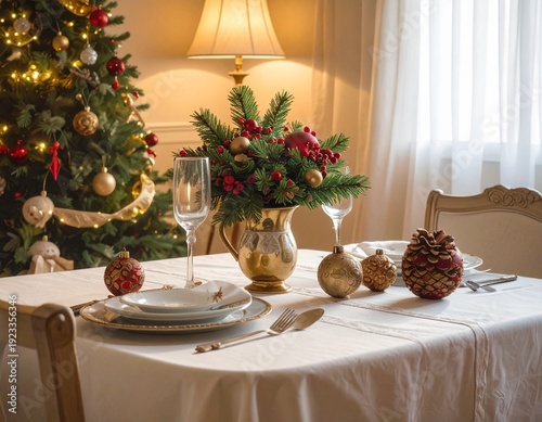 Festive Christmas Table Setting with Decorations and Holiday Ambiance.