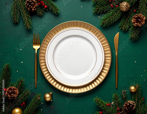 Festive Christmas Table Setting with Golden Plates and Decorations on Green Background.