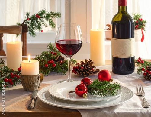 Festive Christmas Table Setting with Wine, Candles, and Decorations.