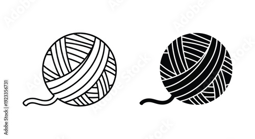 Minimalist vector icons of a ball of yarn in outline and solid silhouette styles for knitting, crochet, and handmade textile craft projects.