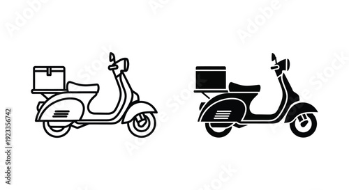 Minimalist delivery scooter icons in outline and solid silhouette styles for food courier, express logistics, and urban transport services on a white background.