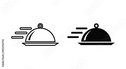 Minimalist fast food delivery icons showing a restaurant cloche with motion lines for express catering service and quick meal logistics