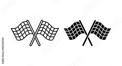 Minimalist crossed checkered racing flags vector icons in outline and solid black styles representing the finish line, speed, and sports competition victory