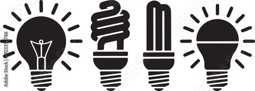 Four black light bulbs with different shapes and lines around them