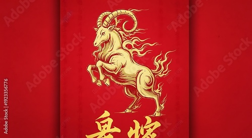 An elegant golden goat with flowing manes of fire rears up against a deep red background featuring subtle Chinese calligraphy and bold golden text.
