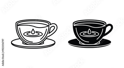 Minimalist black and white coffee and tea cup icons featuring a liquid drop and ripple effect, perfect for cafe branding, beverage menus, and morning routine concepts.
