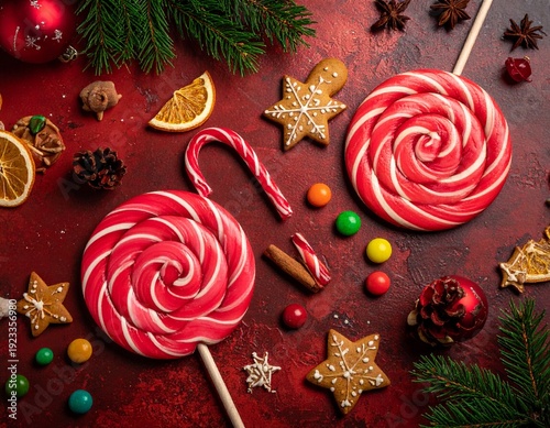 Festive Christmas Treats - Lollipops, Candies, and Gingerbread Cookies on Red Surface.