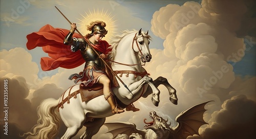 A heroic knight in golden armor on a white horse spears a winged dragon amidst dramatic clouds, capturing the classic triumph of good over evil in a grand, painterly style.