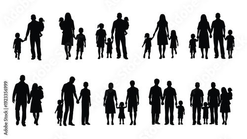 A collection of black silhouettes of people in various family groups isolated on white background, Vector