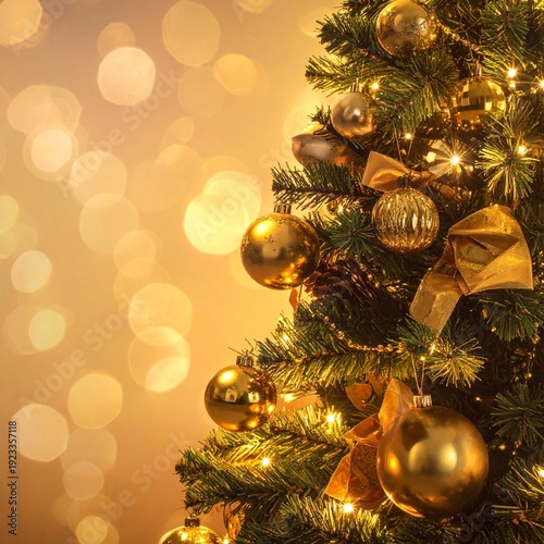 Festive Christmas Tree Adorned with Golden Ornaments and Sparkling Lights, Holiday Season.