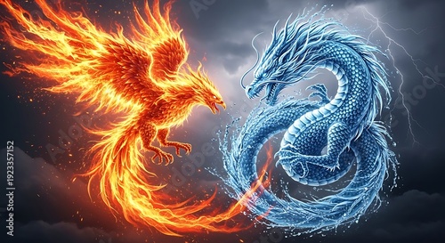 A cinematic clash between a majestic fire phoenix and a serpentine water dragon, representing the eternal balance of opposing elements amidst a dark, stormy sky.