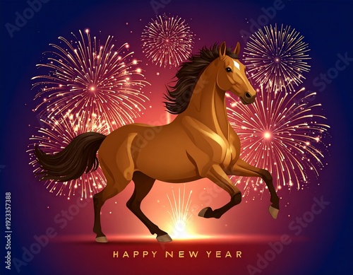 Festive Horse Silhouette with Fireworks Celebrating the New Years Eve.