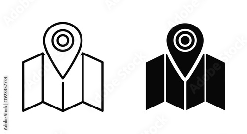Set of minimalist map location pin icons in outline and solid black styles for navigation, travel planning, GPS tracking, and digital interface design.