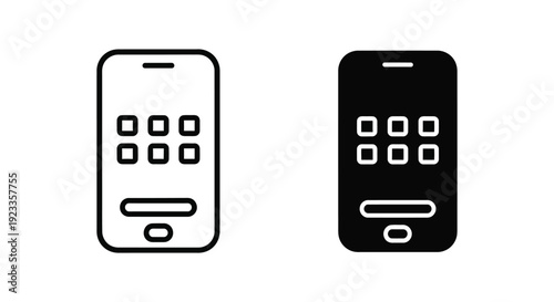 Set of minimalist smartphone icons in outline and solid glyph styles for mobile app user interface design, digital communication, and technology concepts.