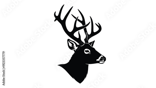 A black silhouette of a deer with large antlers on a white background isolated on white background, Vector