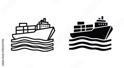Minimalist cargo ship and container vessel icons in line and solid styles for international maritime logistics, global trade, and ocean freight transport