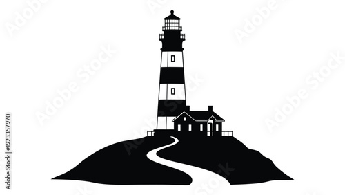 A black and white image of a lighthouse on a hill isolated on white background, Vector