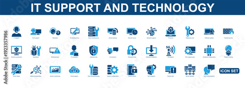 IT Support and Technology Icons Collection: Computer Help, Network, Security, Cloud, Data - Flat Design Vector Illustration