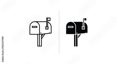 Minimalist mailbox icon set in outline and solid black styles for postal delivery, mail correspondence, and communication design.