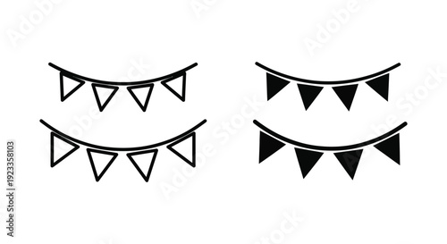 Set of minimalist black bunting garlands and pennant flag icons for festive event decorations, birthday parties, and carnival celebrations on a white background.