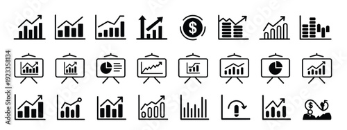 Business Graphs and Charts Icons, Chart and Diagram Symbol Collection Representing Statistics, Analytics, Money Growth, and Down or Up Arrows in Vector Illustration Format.