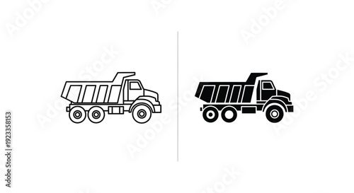 Minimalist dump truck icons in outline and solid silhouette styles for construction and industrial logistics design