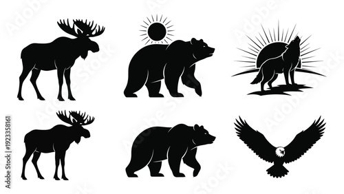 Silhouettes of various wild animals and an eagle in flight isolated on white background, Vector