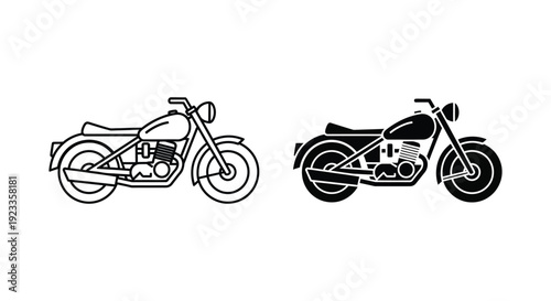 Minimalist vintage cruiser motorcycle icons in outline and solid black silhouette styles for automotive branding and graphic design.