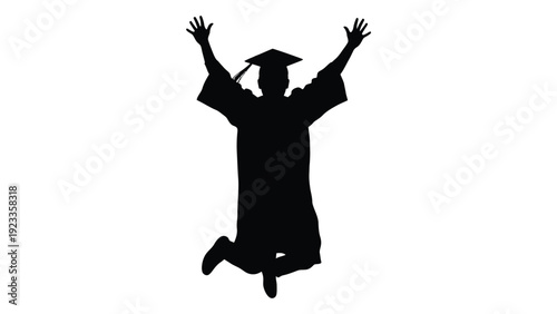 A graduate in a graduation gown and cap jumping in the air isolated on white background, Vector