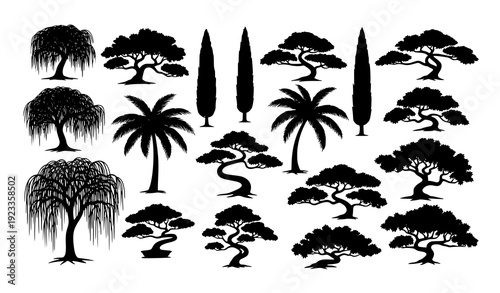 Artistic Decorative Tree Silhouettes Vector Collection with Diverse Botanical Shapes on White Background