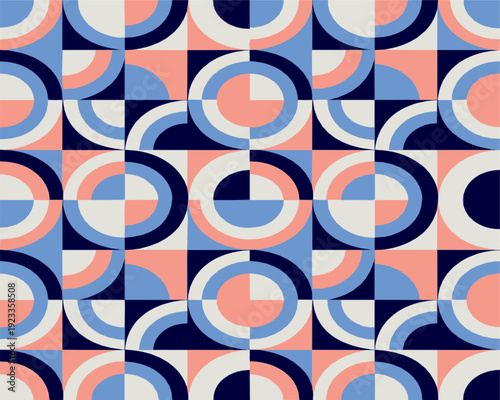 Abstract retro seamless geometric pattern. Interlocking squares and quarter circles in cool blue, blush pink, and cream tones create a vibrant mid-century modern background aesthetic