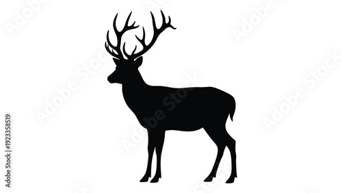 A black silhouette of a deer with large antlers isolated on white background, Vector