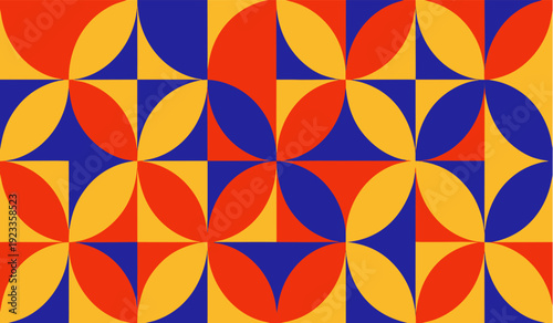 Vibrant geometric pattern featuring repeating quarter-circle shapes in a striking color palette of red, blue, and yellow, creating a dynamic and modern abstract background