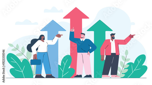 Diverse business professionals stand before three large upward arrows, pointing to various paths of growth and success.