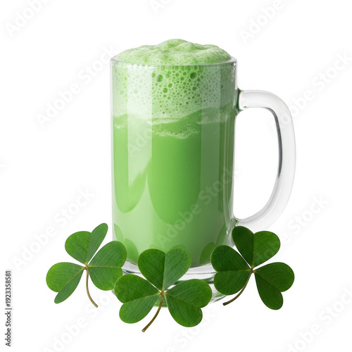 Wallpaper Mural A frothy green drink in a glass mug surrounded by shamrock leaves, st patrick's day Torontodigital.ca