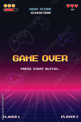 Game Over, Retro games for game assets in retro futuristic sci-fi background vector illustration. Glowing neon from an old arcade